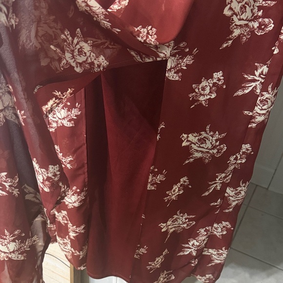 living doll Burgundy and Cream Floral Long Sleeve Tie-Neck Dress - Picture 4 of 6